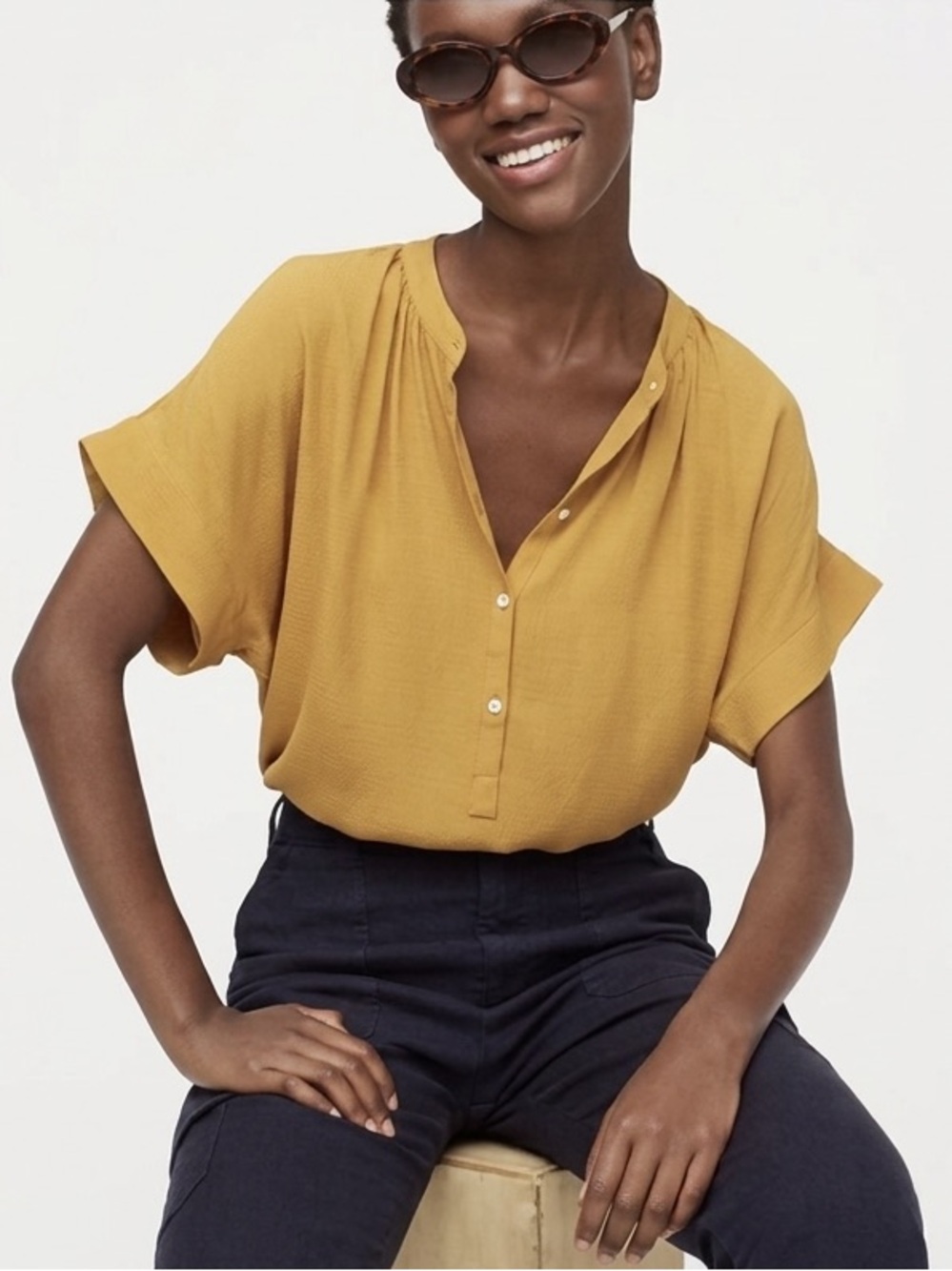 J.Crew Point Sur Drapey Popover Mustard Yellow Blouse Shirt M
